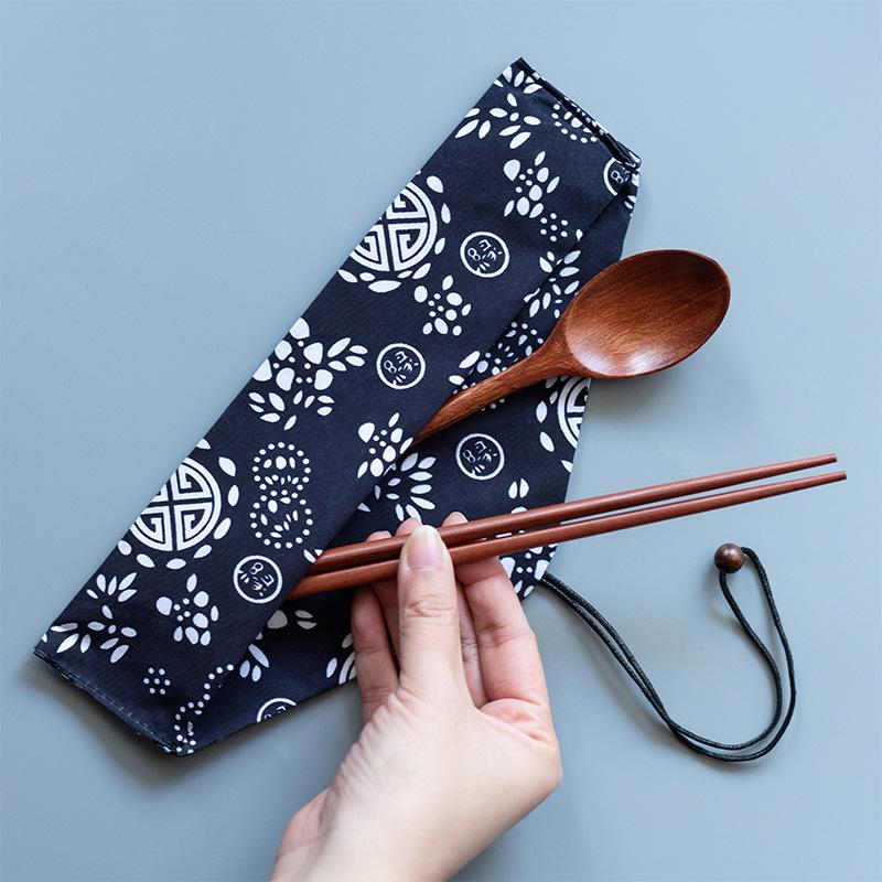 Japanese Style Cotton Linen Utensil Bag with Wooden Spoon and Chopstick Set