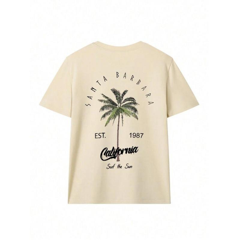 Women's Coconut Tree & Letter Print Drop Shoulder Sleeve Tee- Fashion Short Sleeve Top