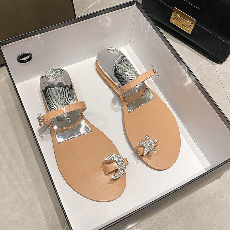 

- [] Star and moon light _ star and moon diamond buckle slope heel set toe slippers sandals outside 43 телесный