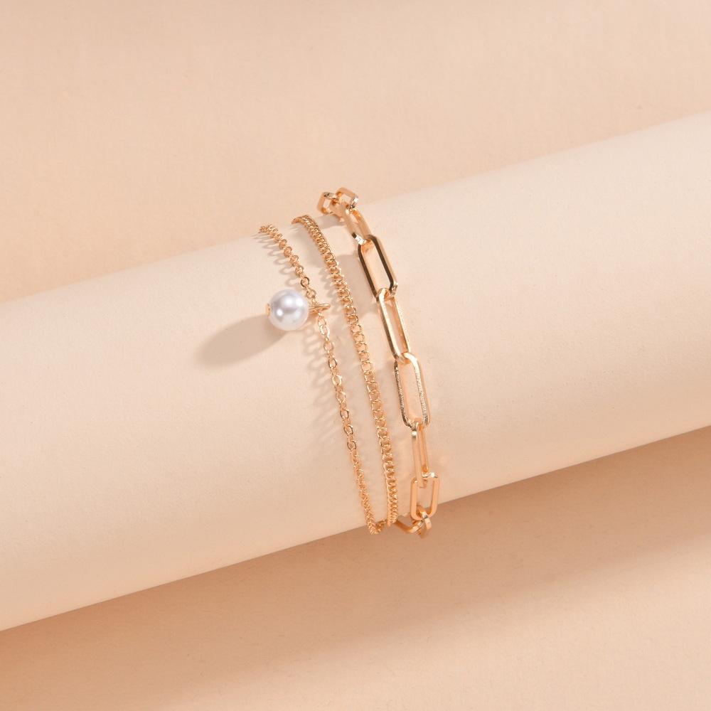 Bohemian, Personalized Paperclip Chain, Pearl Pendant, Multi-layer Metal Anklet