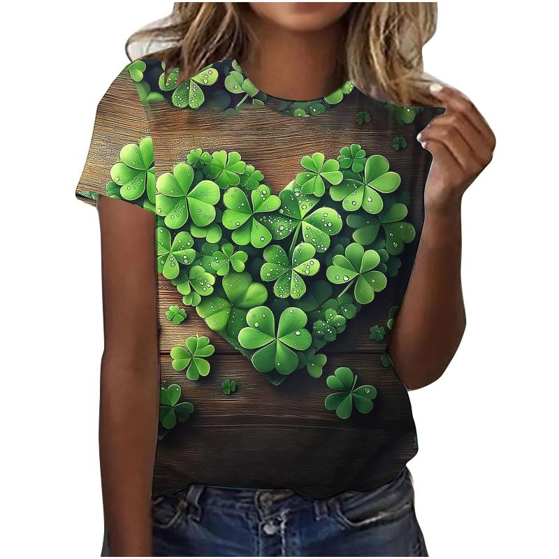 St. Patrick's Day Women T Shirt 3D Lucky Four-leaf Clover Graphic Print T-Shirts Unisex Crew Neck Short Sleeve Casual Kids Tops