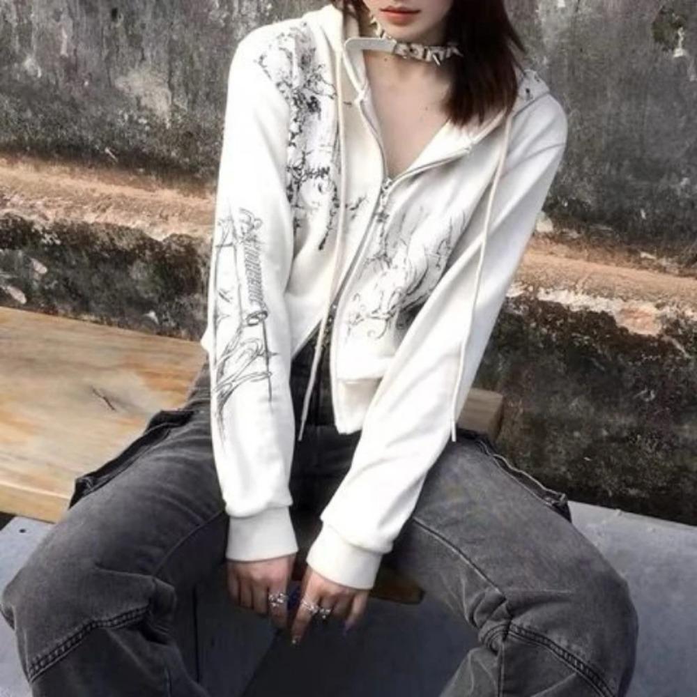 VAYLA Autumn Y2k Aesthetic Cropped Hoodies Women Casual Printing Double Zippers Harajuku Punk Sweatshirt Gothic Fairy Grunge Jackets