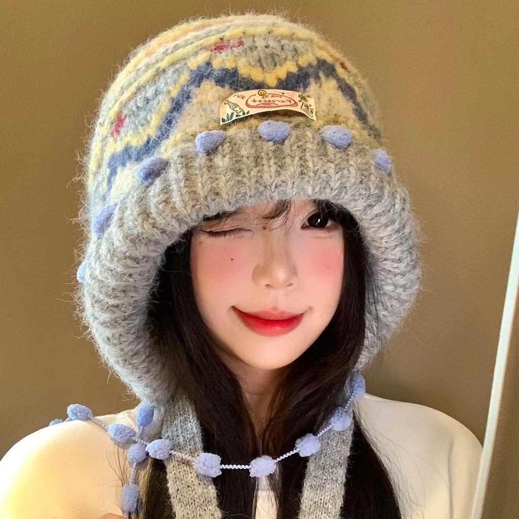 Fair Island retro knitted balaclava hat women's autumn and winter face small balaclava hat thickened warm ear protection hat