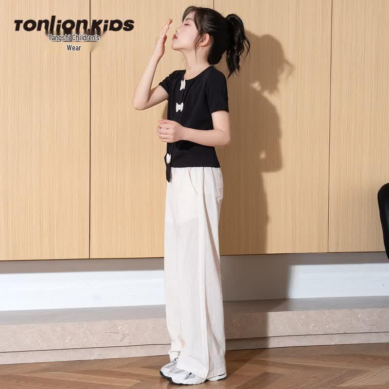 Tang Shi Girl s Summer Short Sleeve Top  Wide Leg Pants Set 130
