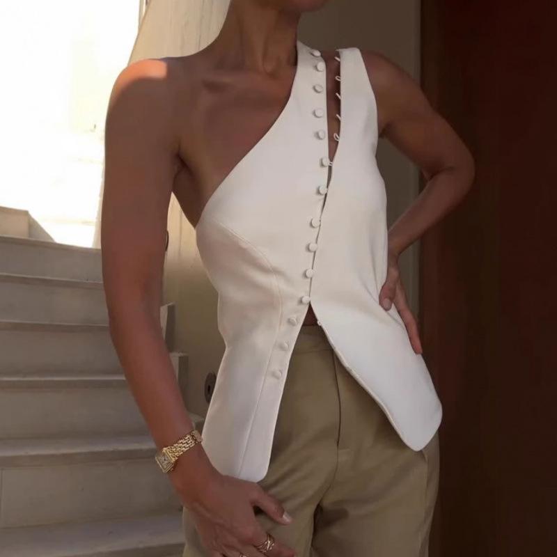 2025 summer new European and American cross-border fashion single shoulder white vest button off-the-shoulder design sexy top