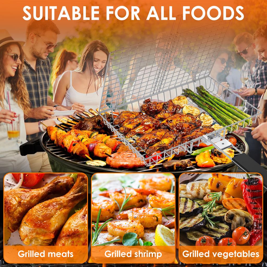 1/2Pcs Grill Basket Folding Portable Stainless Steel BBQ Grill Basket with Handle for Fish Vegetables Shrimp Cooking Accessories