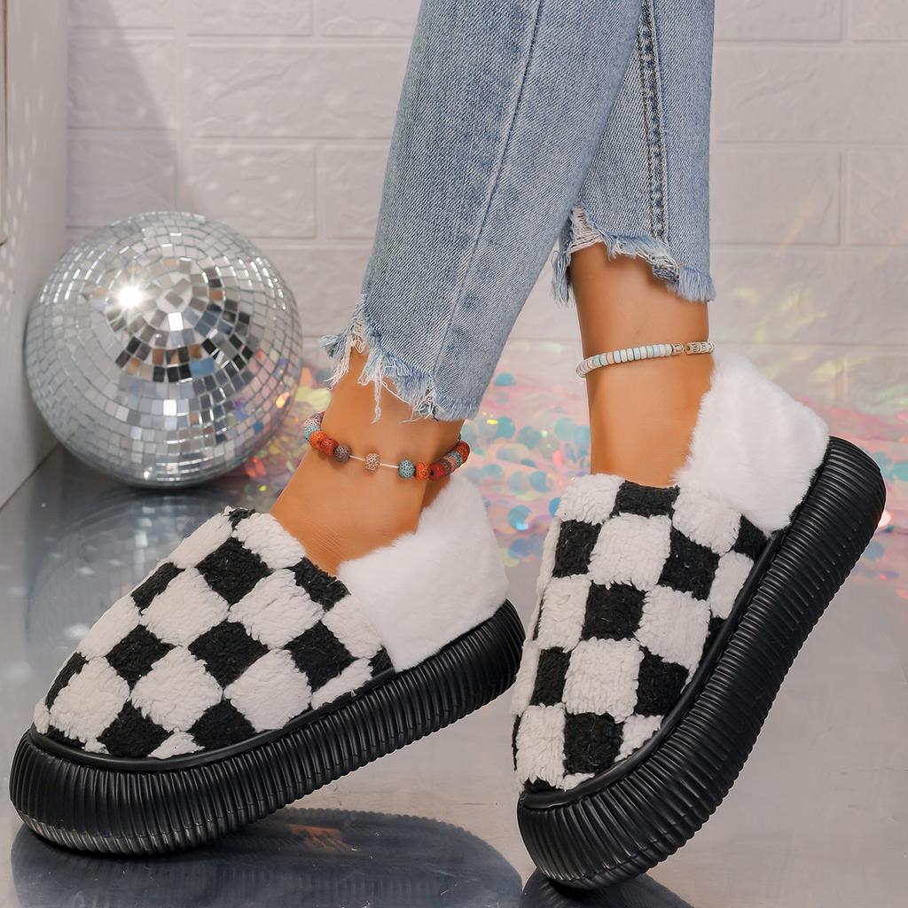 Bottes de Neige Femme Mode Hiver Fourrées Mode Broderie Carreaux Chaussons d'Intérieur pour Femmes Confortables Moelleuses Rétro Imprimé à Carreaux Bottes Femmes