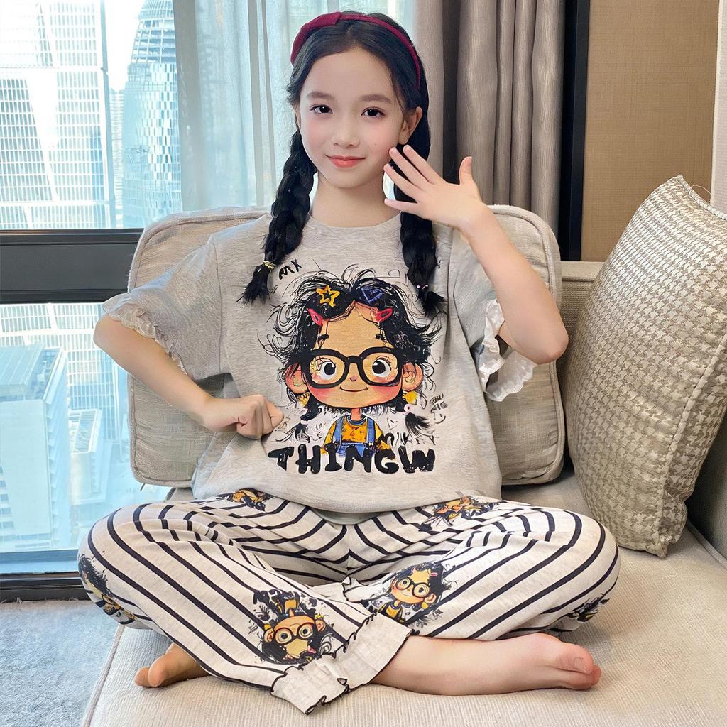 2026 New Summer Girls' Ultra-Thin Modal Pajamas Set: Short Sleeve Airy Comfort Suit for Medium and Large Kids