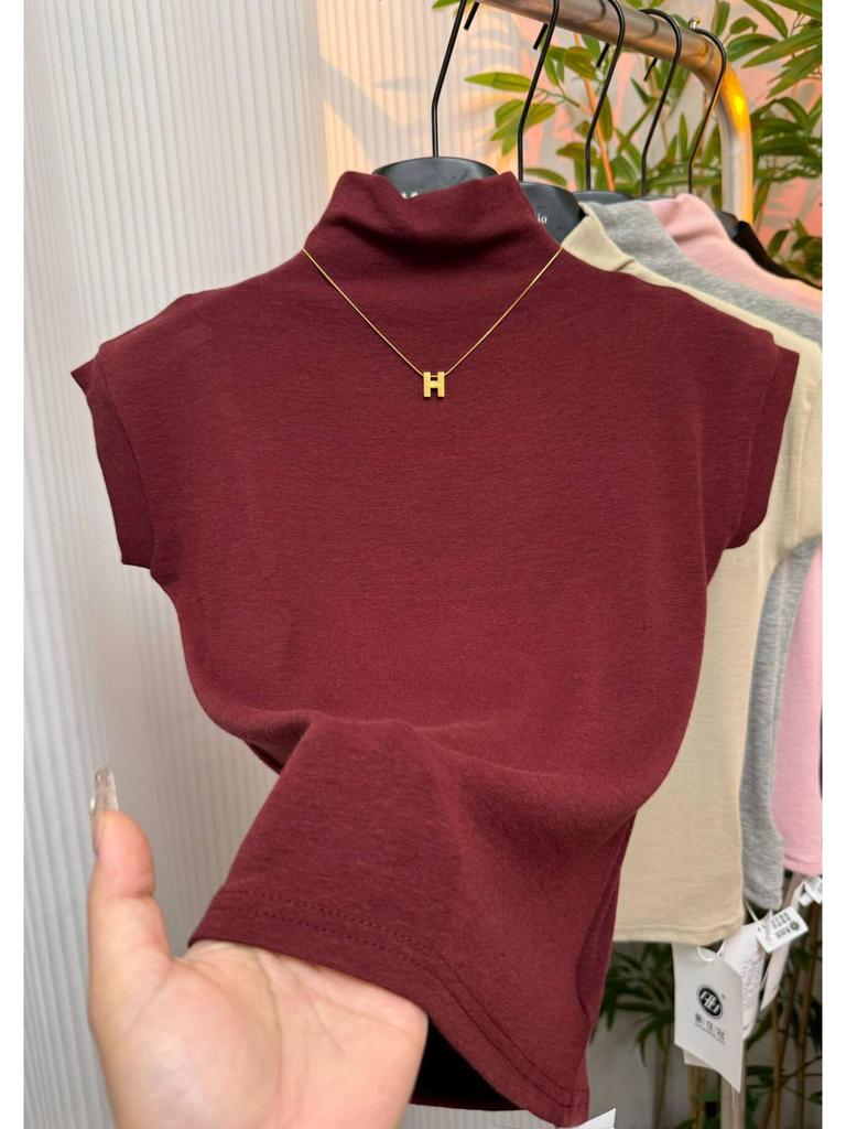 Damen Schwarzes Slim Kurzarm T-Shirt mit Halbochkragen, Frühjahr/Sommer Kollektion 2025