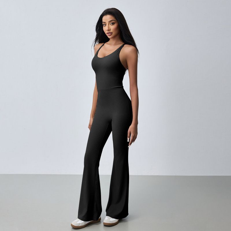 

2025 Spring New Arrival Nude Feel Thread Hollow-out Beauty Back Jumpsuit Close-Fitting Body Shaping Yoga Clothes Women s Sports Fitness Clothes Black [removable chest pad]] L