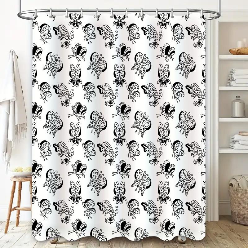 Decoratieve Waterdichte Polyester Douchegordijnen Met Zwart En Wit Vlindervormig Patroon Voor Huisbadkamer Decoratie Maat72X78 In