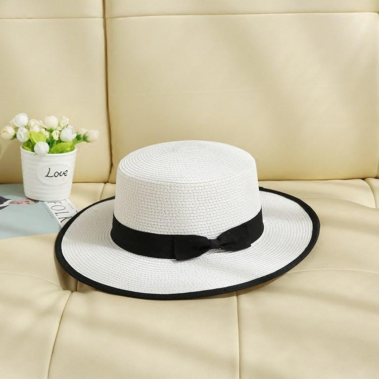 Flat Top White Straw Hat Female British Beach Hat Sunscreen Versatile Hemming Top Hat Seaside Travel Vacation Hat Travel
