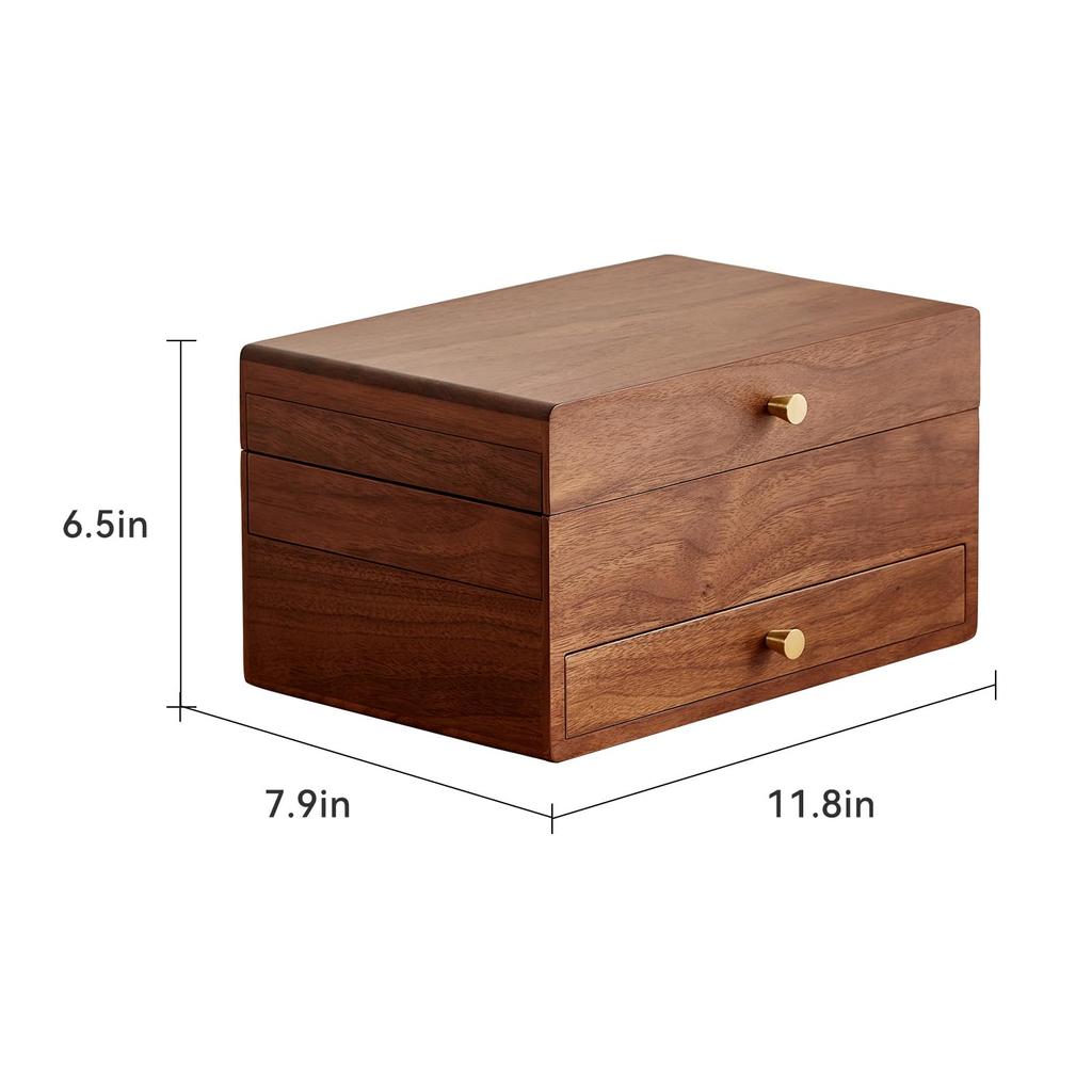 Homruilink Wooden Jewelry Black Large Capacity Jewelry Storage Case with Multifunctional Drawers for and Day Gift for Women Box, 3-Tier, Walnut,