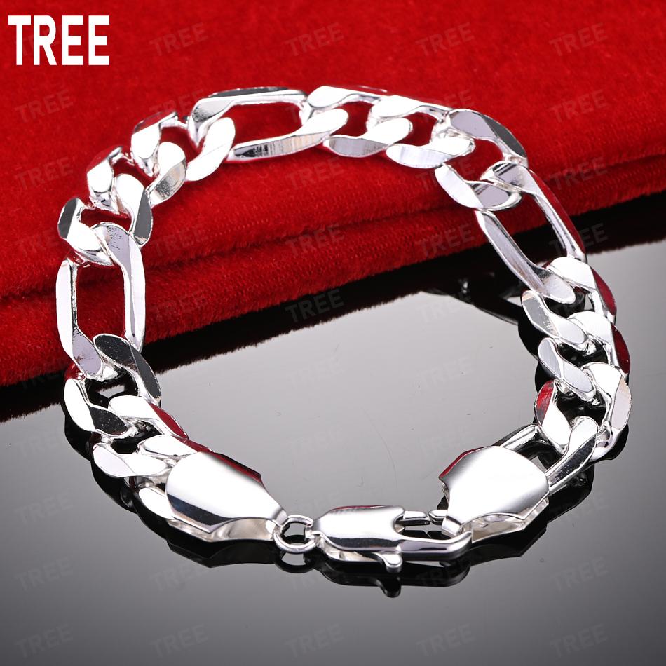 925 Sterling Silver 12mm Twist Ring Side Chain Beautiful Bracelet Gift Jewelry 20CM