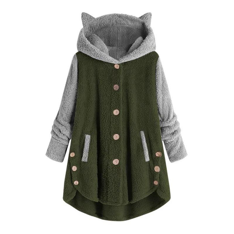 Autumn and Winter Button Hooded Cat's Ears (Steamed Cat-ear Shaped Bread) Plush Coat Irregular Color Matching Coat Women