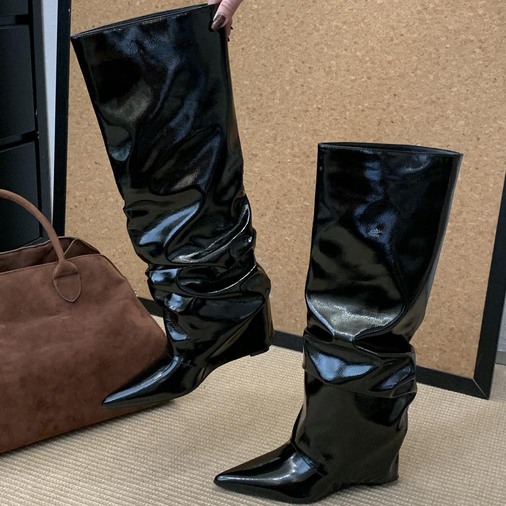 New Winter Design Pleated Splicing Knee High Boots Women Pointed Toe Wedges Heels Shoes De Mujer