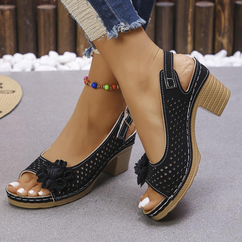 Large Size Flower High-heeled Sandals Women's 25 New Fashion Casual Buckle Solid Color Sandals