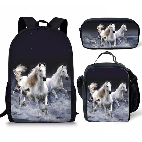 Klassiek Populair Nieuwigheid Kat Dier paard 3D Print 3 stuks/Set leerling Schooltassen Laptop Dagrugzak Rugzak Lunchtas Etui