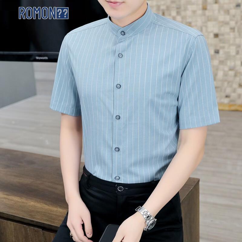 ROMON Men s Stretch Wrinkle-Resistant Fine Stripe Stand Collar Short Sleeve Shirt 3XL