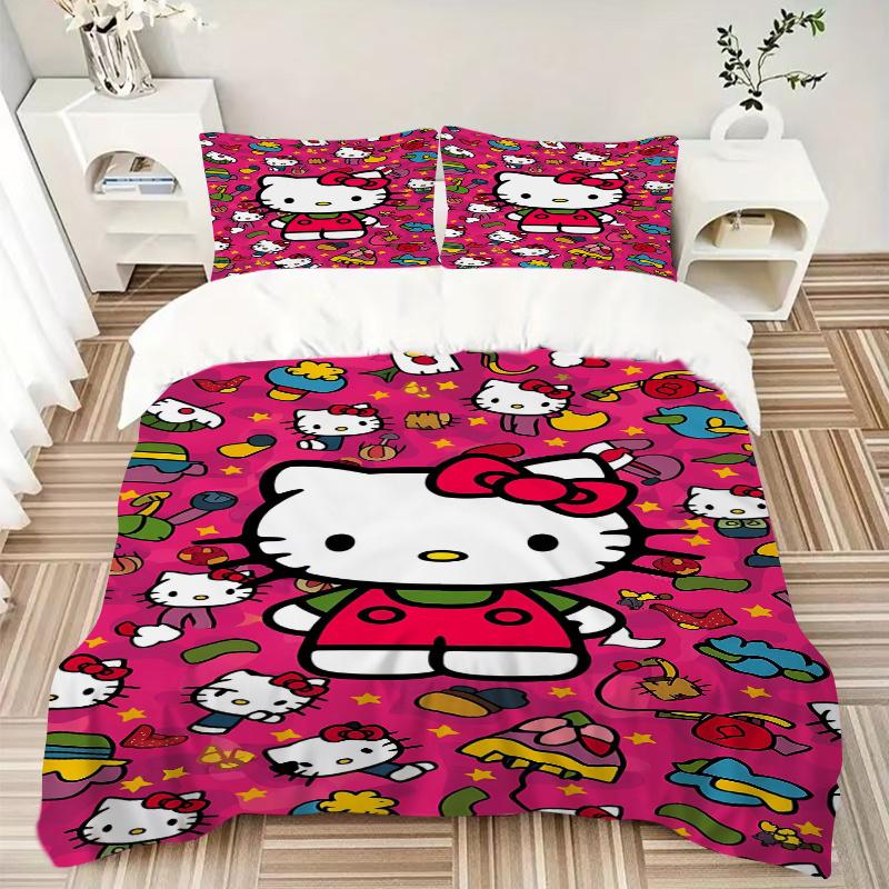 3pcs Pink Hello Kitty's Printed Quilt Set - Includes 1 Quilt Cover and 2 Pillowcases, Machine Washable - Suitable for All Seasons.S071