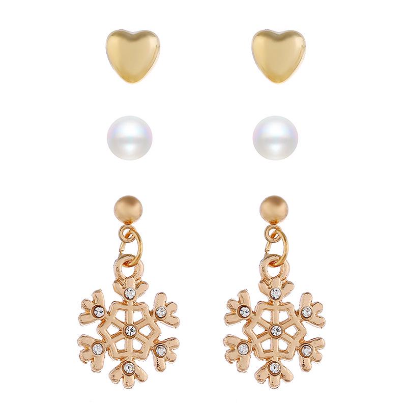 Christmas Drop Oil Small Stud Earrings Set, Santa Claus Snowflake Elk Pearl Zircon Combination 3-Piece Earrings.