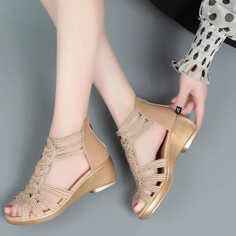 Fashion New Summer Wedge Sandals Women's Round Toe Open Toe Rhinestone Fish Mouth Rear Zipper Mid Heel Soft Sole Non-Slip Cooling Boots