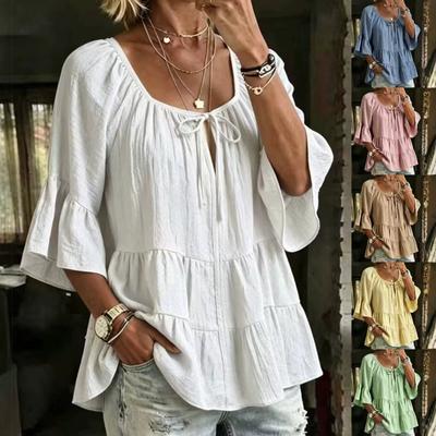 Women Casual Loose Fit Solid Color Three Quarter Sleeve Round Neck Blouse with Ruffle and Gathered Details Lightweight Top