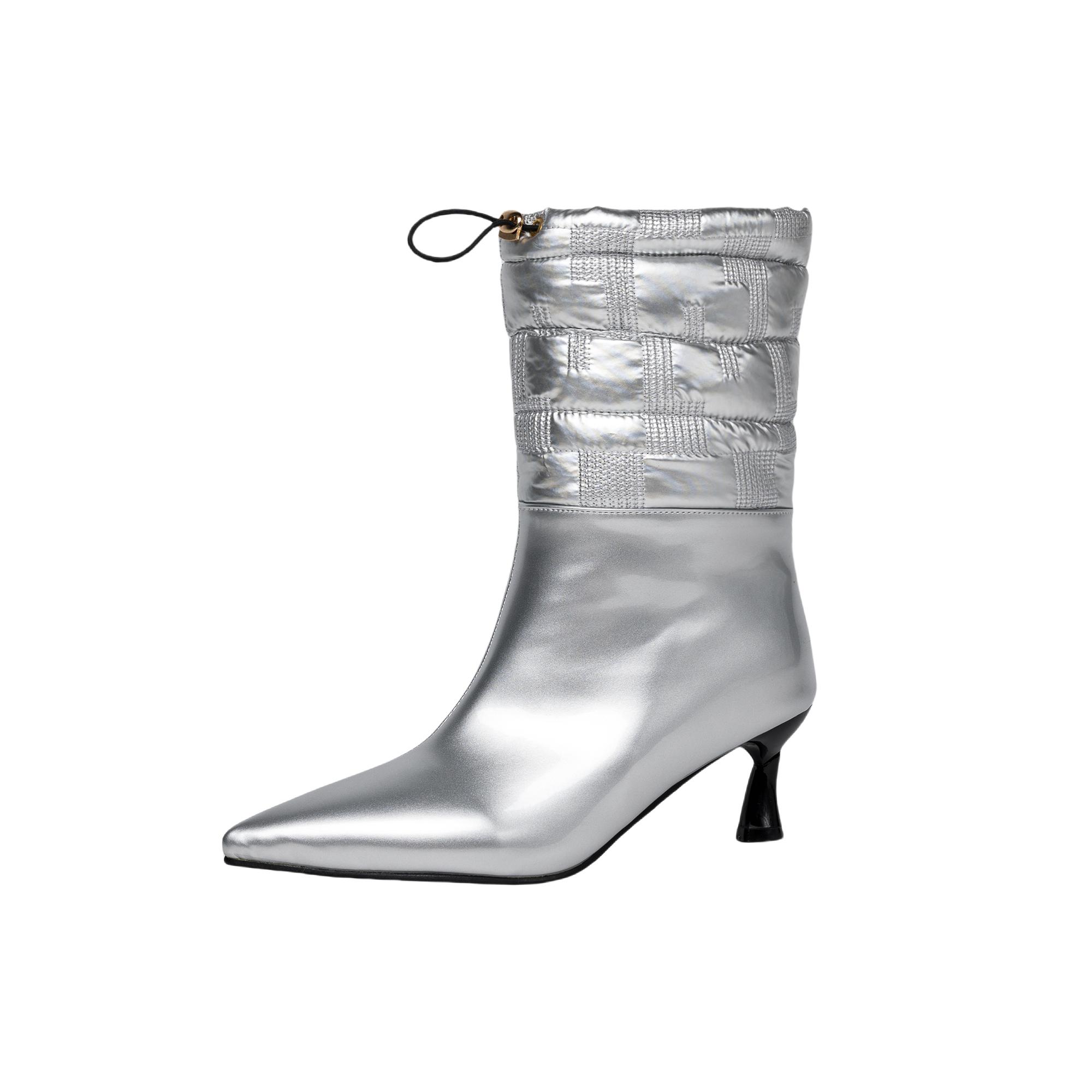 

Теплые Зимние Женские Ботильоны Пэчворк Дизайн На Шнурке Каблуки Обувь Серебристый Черный Красный Острый Носок Обувь 43 серебряный