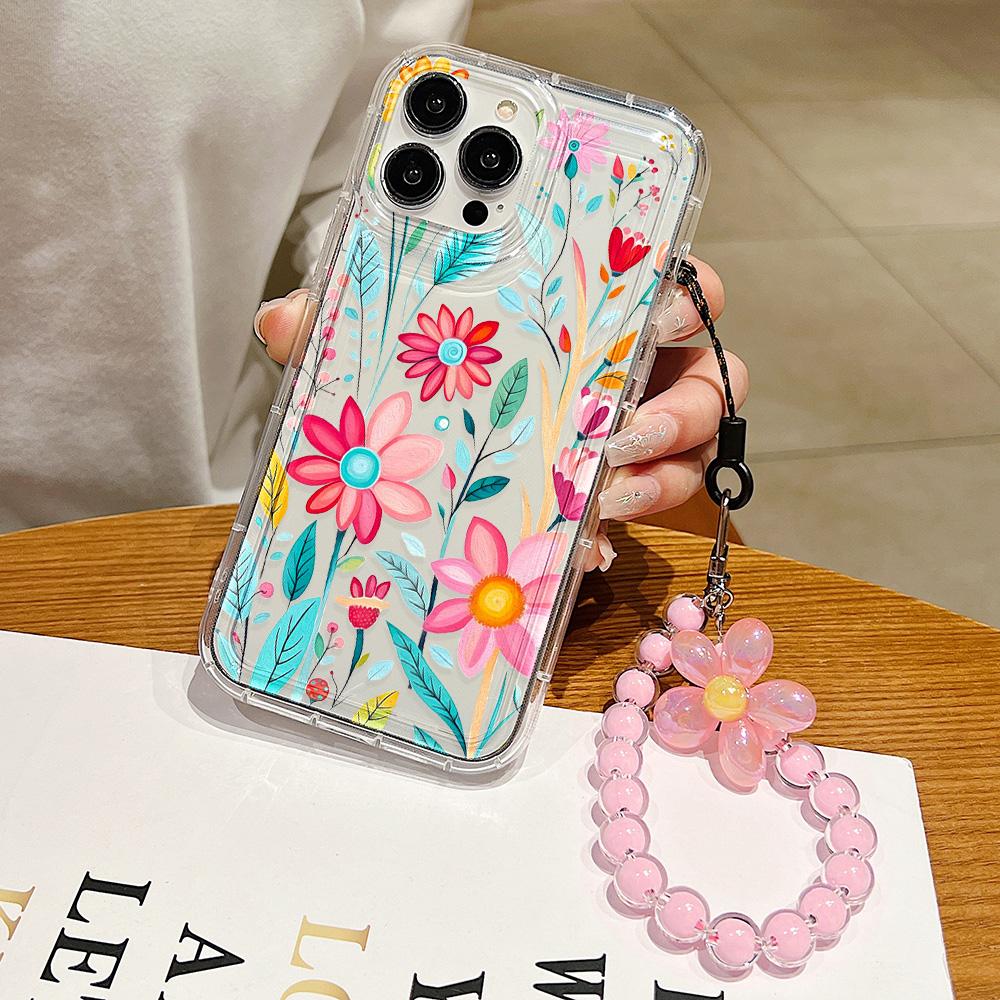 Luxury Flower Case for iPhone 11 Fundas iPhone 13 14 15 12 Pro Max XR 7 8 Plus X Xs 6 SE  Wrist Strap Clear Soft TPU Covers