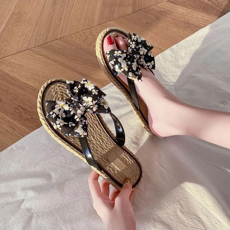 Fashion Slides Open Toe Bow Flip Flops Women's Slippers and Ladies Sandals Outside Shoes on Beach 2024 Flat Pvc 39 Promotion Top Designs