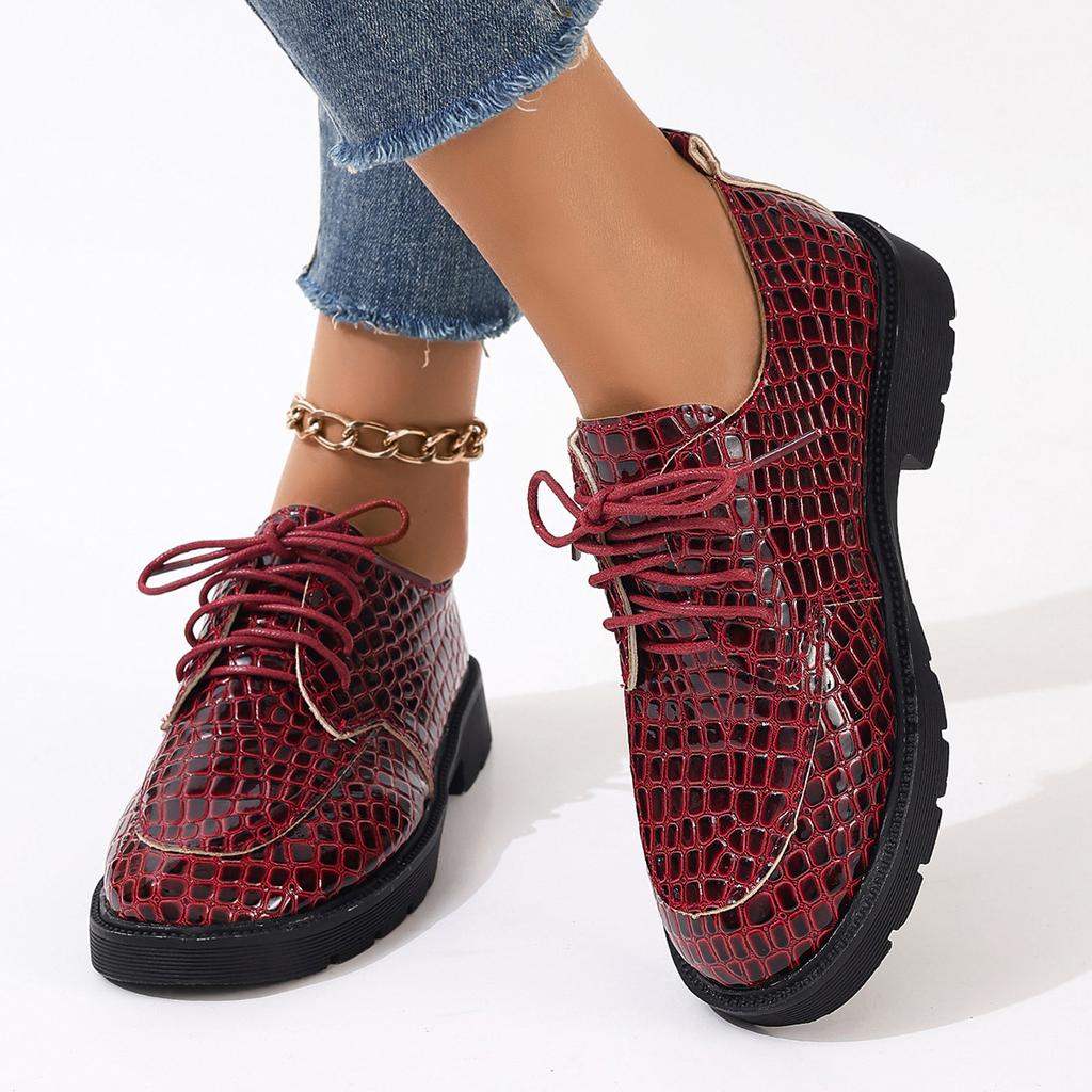Foreign Trade Large Size Fashion Ankola Red Snake Pattern Leather Shoes Women's Casual Versatile Students Korean Version of the Trend Thick Heel Sma