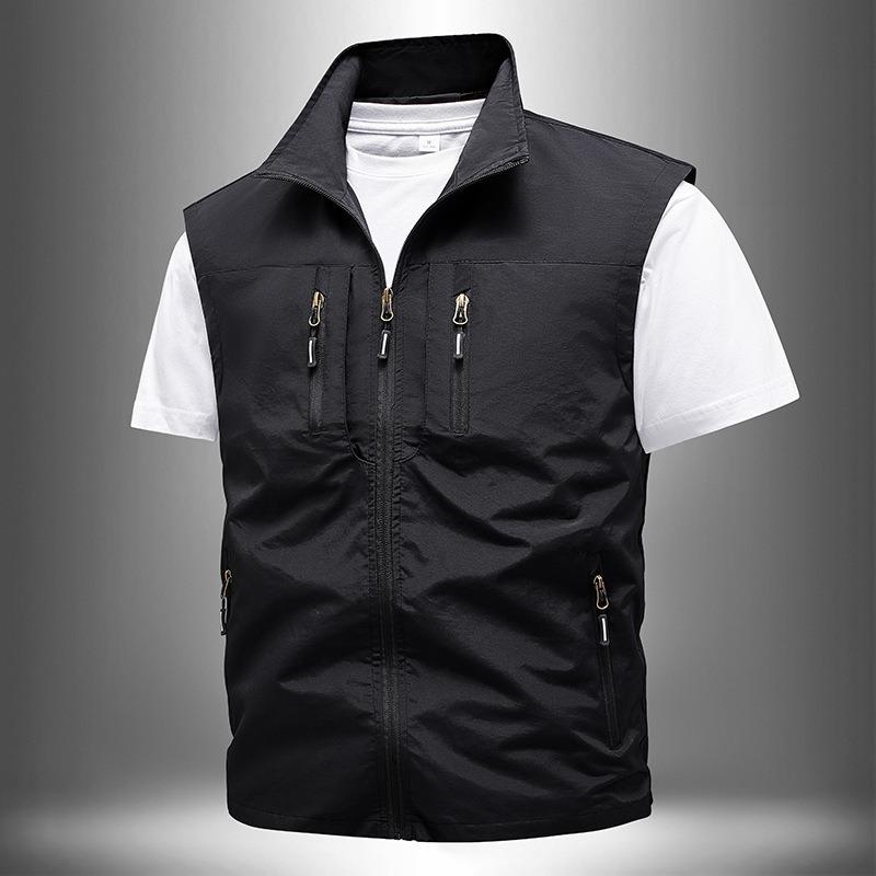 

New Men Spring Autumn Thin Multi Pocket Solid Color Cargo Stand Collar Casual Vest Waistcoat M чёрный