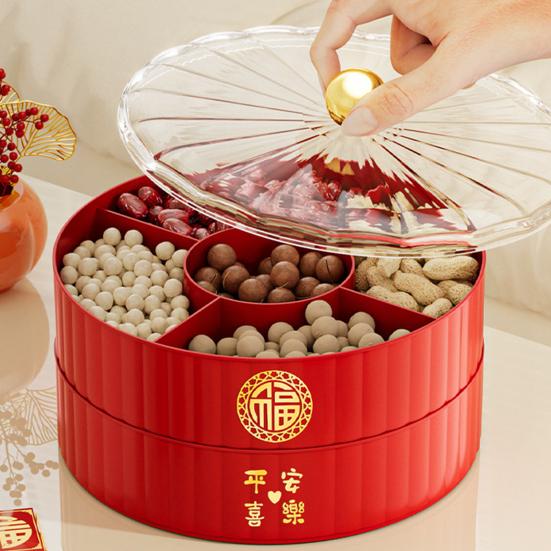 Jednowarstwowa/Dwuarstwowa/Trójwarstwowa Dzielona Taca Serwowania z Pokrywką Miska Serwowania na Chiński Nowy Rok Dekoracyjna Miseczka na Deser Taca na Przekąski na Festiwal Wiosny