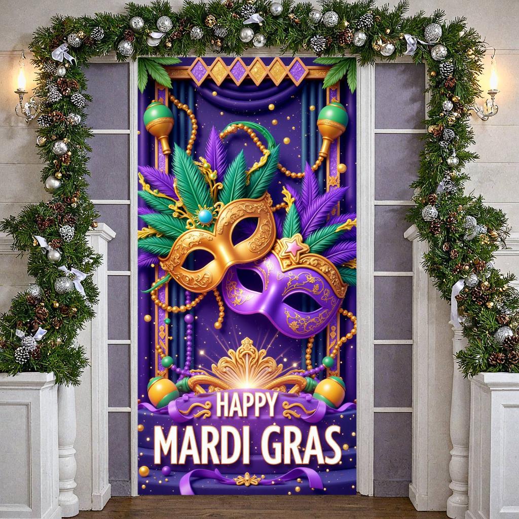 Mardi Gras Banner Ornate Mask Party Decoration Banner Carnival Banner Shiny Sequins Mardi Gras Backdrop For Photo Shoot Festival