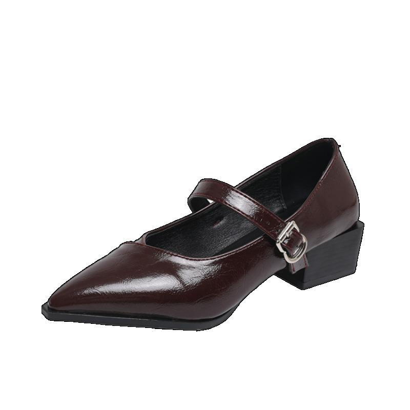 Retro Mid-length Single Shoes Spring and Summer New Fashion Belt Buckle Pointed Toe Comfortable Shallow Toe Leather Shoes 35-44