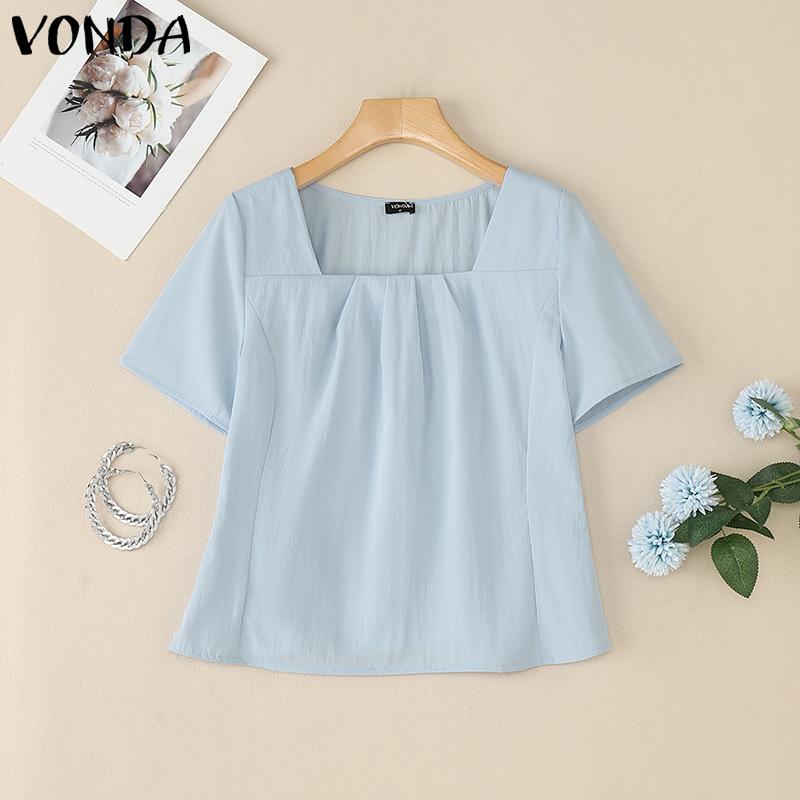 VONDA Women Girls Square Collar Short Sleeve Slim Waist Casual Blouse