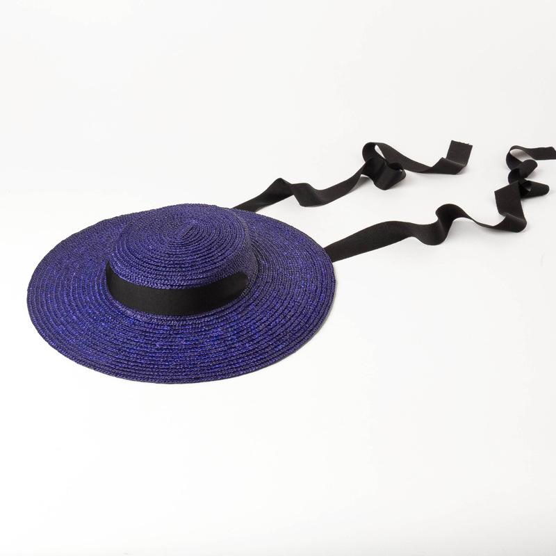 European and American spring and summer new light flat top big brim strap colored straw straw hat stage fashion show sunshade straw hat