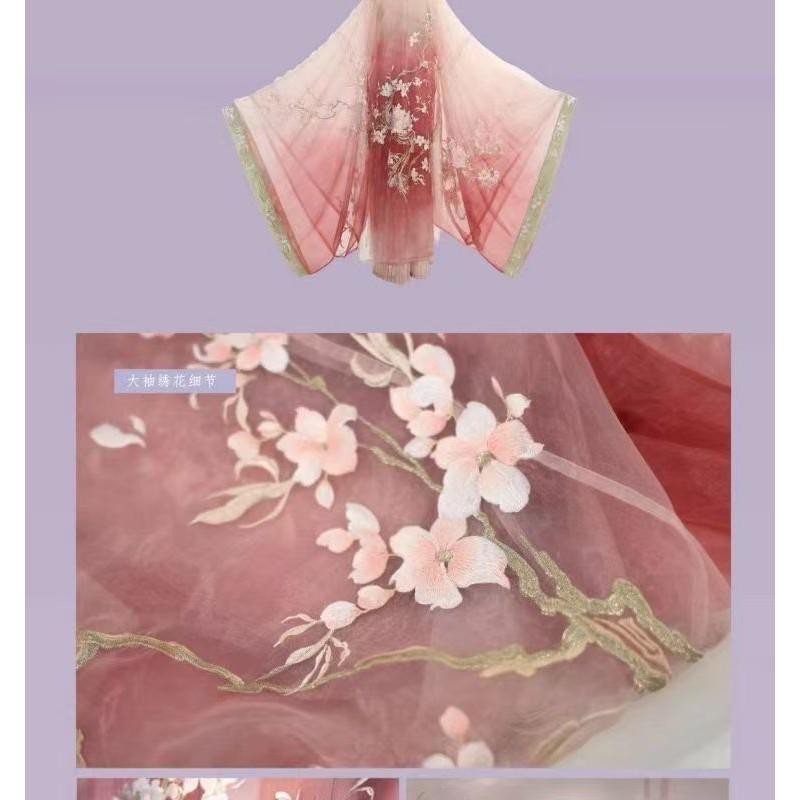 Traditional Chinese Tang Dynasty Style Hanfu Dress With Embroidered Floral Gradient Pink Skirt Wide Sleeves