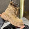 Fashion Ladies Shoes Fashion Lace Up Women's Boots Autumn British Style Round Toe Denim Short Barrel Platform Chunky Heels Naked Boots