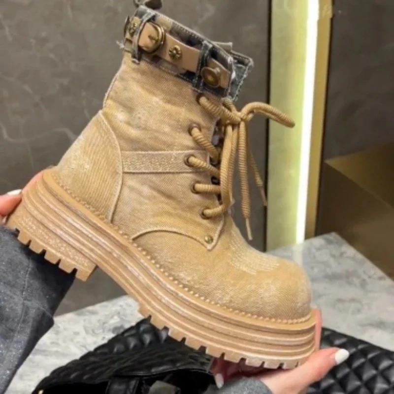Fashion Ladies Shoes Fashion Lace Up Women's Boots Autumn British Style Round Toe Denim Short Barrel Platform Chunky Heels Naked Boots