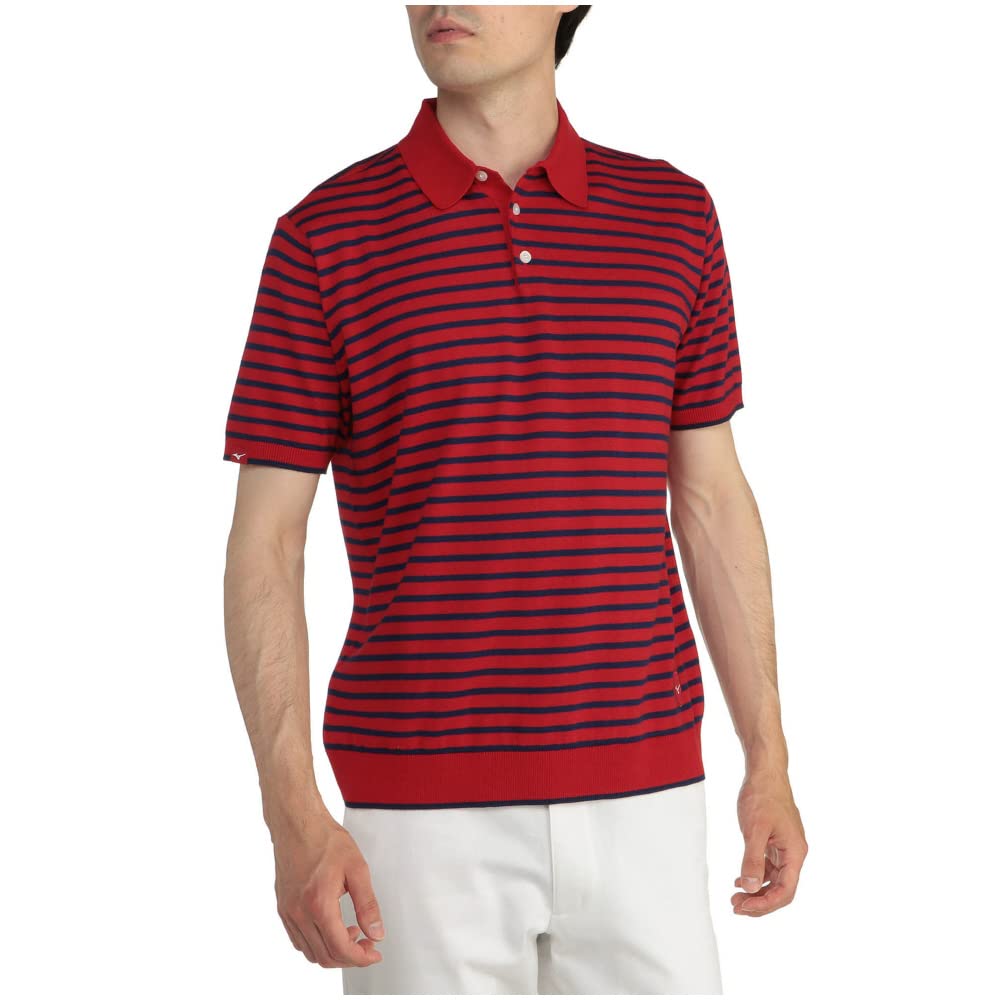 Mizuno Golf Wear Cotton Knit Short Sleeve Striped Polo Shirt E2MA2013 Deep Navy X Red L