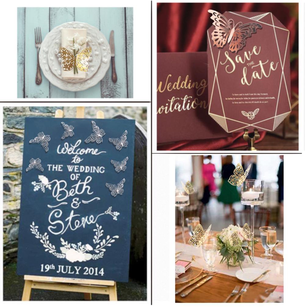 12Pcs/Pack 3D Hollow Out Butterfly Stickers Gold/Silver/Rosegold Mirror Decals Metal Texture Wall Art Wedding Party Supplies