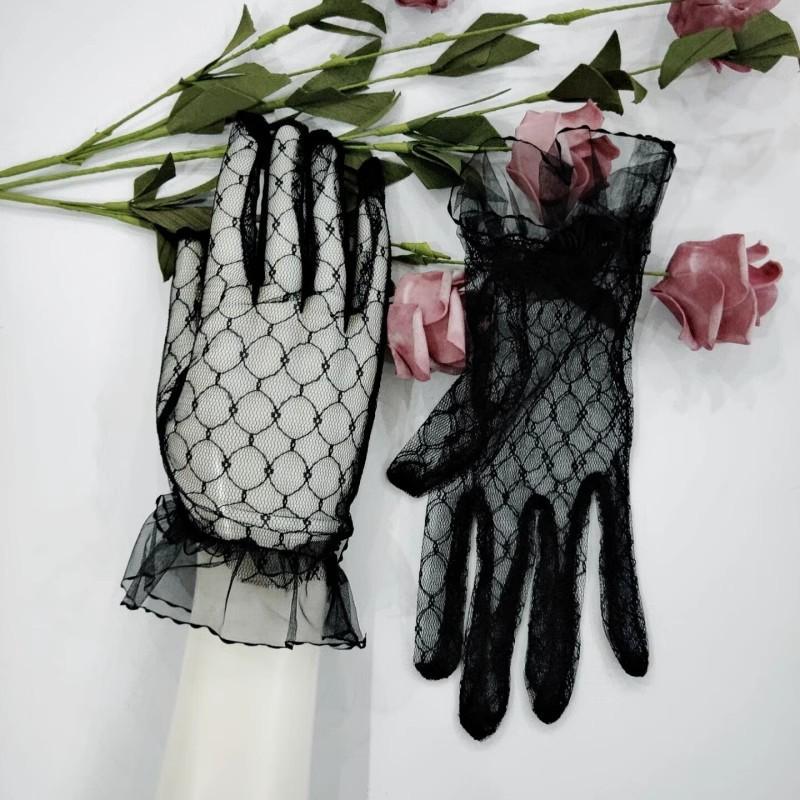 Black Banquet Short Gloves, Wedding Dress Lace Mesh Gala Tea Party Lotia Lolita Gloves