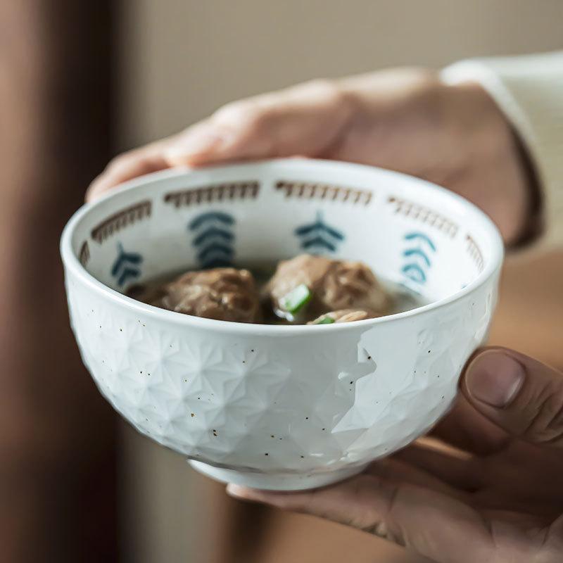 Embossed Small Flower Ceramic Rice Bowl Japanese Tableware Bowl Restaurant Exquisite Small Bowl Household Soup Bowl Round Bowl
