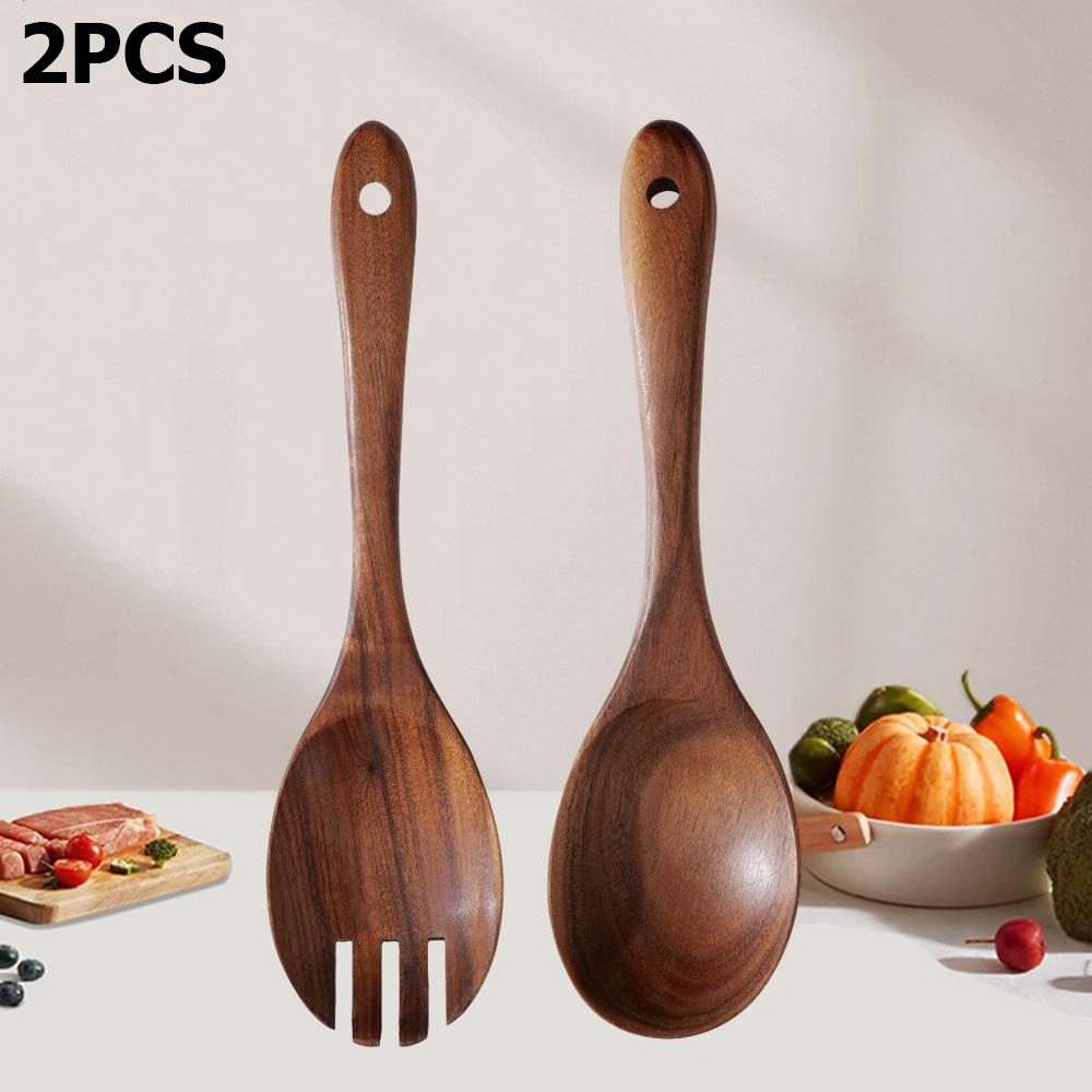 2Pcs Wooden Salad Spoons Acacia Salad Tongs Durable Wood Salad Mixing Dinner Fork And Spoon Long Handle Salad Server Spoons Set