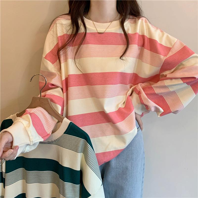 Stripes Clashing Color Loose Long-sleeved T-shirt Women Autumn Winter Thin Section Round Neck Sweater Female Student Tops Retro Versatile Sweatshirt