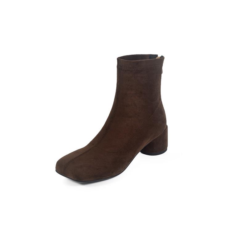 2025 Autumn and Winter New Suede Leather Boots Square Head Thick Heel Fashion Short Boots Thick Heel Medium Heel Elastic Cloth Boots