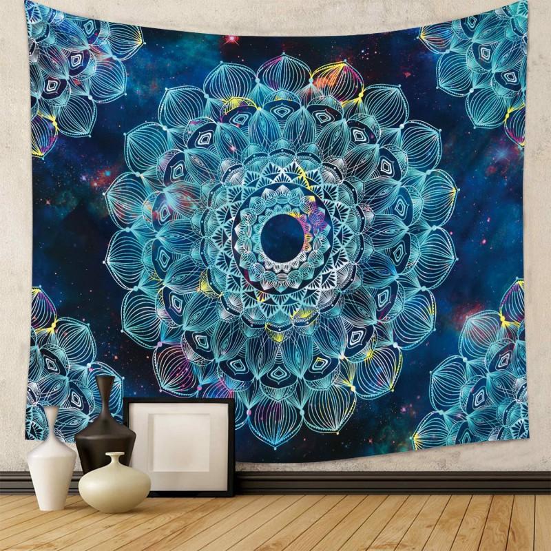Boho Chic Wall Tapestry With Moon Phase Floral Starry Sky Design Bedroom Yoga Studio Decor