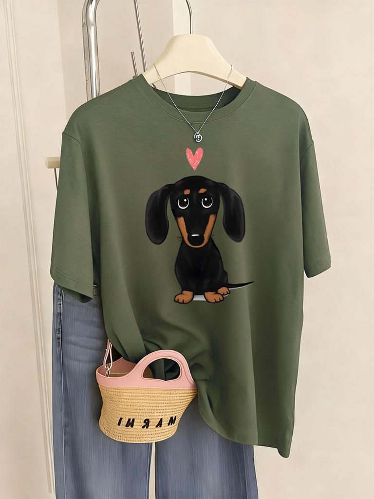 Dachshund With Heart Prints TShirt Womens Summer ONeck T Shirts Comfortable Loose Short Sleeve Tops Casual Soft Woman Clothes