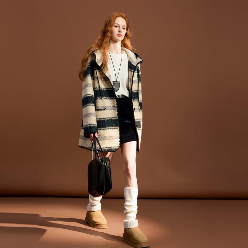 

SANCITY 2025 Winter Hooded Striped Wool Blend Coat